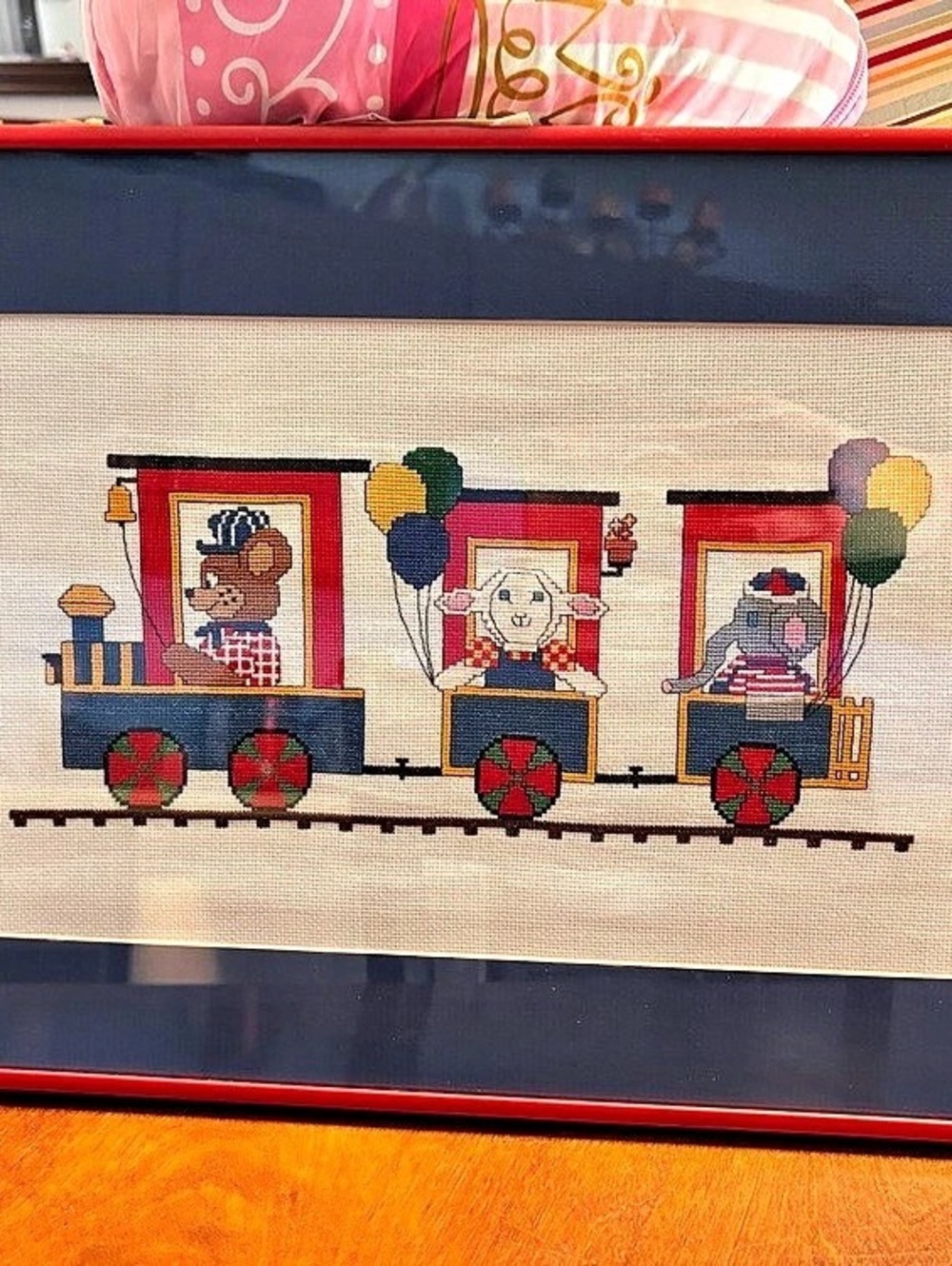 Framed Train Needlepoint in Red & Blue